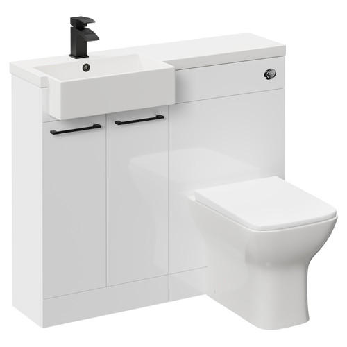 Napoli Combination Gloss White 1000mm Vanity Unit Toilet Suite with Left Hand Square Semi Recessed 1 Tap Hole Basin and 2 Doors with Matt Black Handles Left Hand View