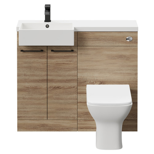 Napoli Combination Bordalino Oak 1000mm Vanity Unit Toilet Suite with Left Hand Square Semi Recessed 1 Tap Hole Basin and 2 Doors with Matt Black Handles Front View