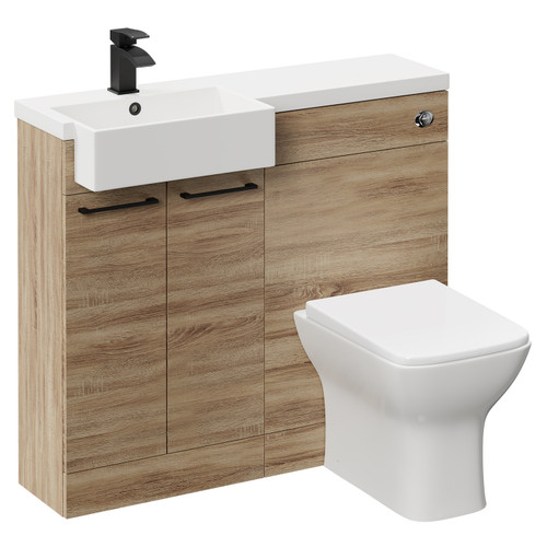 Napoli Combination Bordalino Oak 1000mm Vanity Unit Toilet Suite with Left Hand Square Semi Recessed 1 Tap Hole Basin and 2 Doors with Matt Black Handles Left Hand View