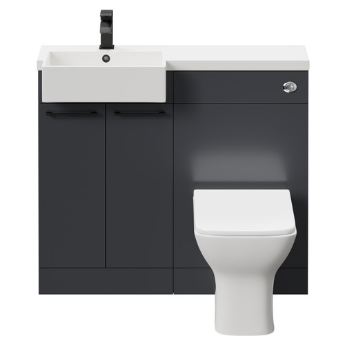 Napoli Combination Gloss Grey 1000mm Vanity Unit Toilet Suite with Left Hand Square Semi Recessed 1 Tap Hole Basin and 2 Doors with Matt Black Handles Front View