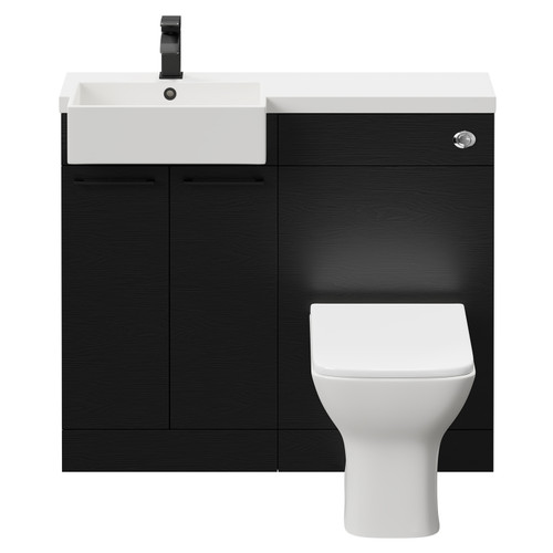 Napoli Combination Nero Oak 1000mm Vanity Unit Toilet Suite with Left Hand Square Semi Recessed 1 Tap Hole Basin and 2 Doors with Matt Black Handles Front View