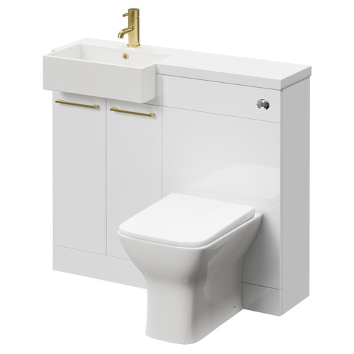 Napoli Combination Gloss White 1000mm Vanity Unit Toilet Suite with Left Hand Square Semi Recessed 1 Tap Hole Basin and 2 Doors with Brushed Brass Handles Right Hand View