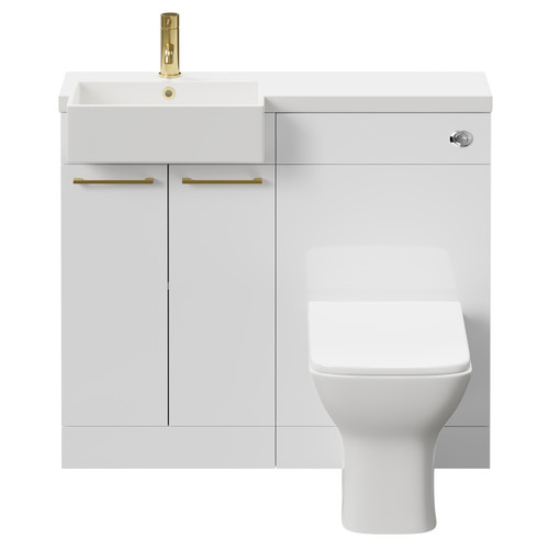 Napoli Combination Gloss White 1000mm Vanity Unit Toilet Suite with Left Hand Square Semi Recessed 1 Tap Hole Basin and 2 Doors with Brushed Brass Handles Front View