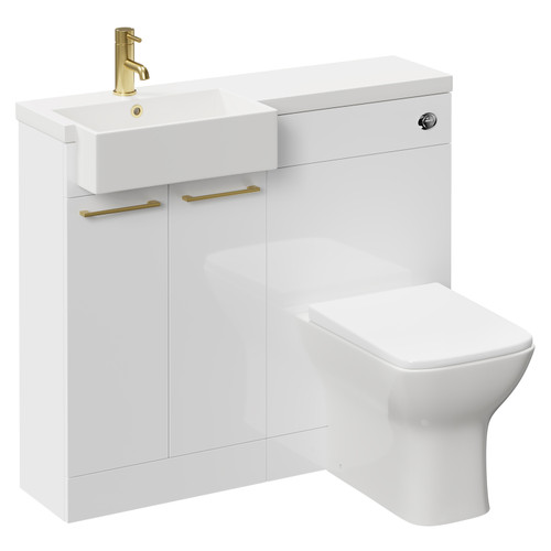 Napoli Combination Gloss White 1000mm Vanity Unit Toilet Suite with Left Hand Square Semi Recessed 1 Tap Hole Basin and 2 Doors with Brushed Brass Handles Left Hand View