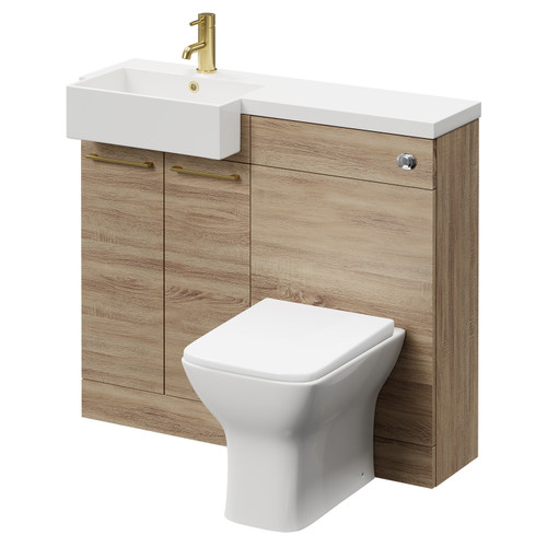 Napoli Combination Bordalino Oak 1000mm Vanity Unit Toilet Suite with Left Hand Square Semi Recessed 1 Tap Hole Basin and 2 Doors with Brushed Brass Handles Right Hand View