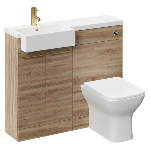 Napoli Combination Bordalino Oak 1000mm Vanity Unit Toilet Suite with Left Hand Square Semi Recessed 1 Tap Hole Basin and 2 Doors with Brushed Brass Handles Left Hand View