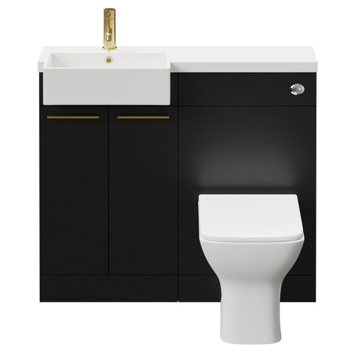 Napoli Combination Nero Oak 1000mm Vanity Unit Toilet Suite with Left Hand Square Semi Recessed 1 Tap Hole Basin and 2 Doors with Brushed Brass Handles Front View