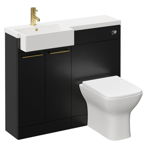Napoli Combination Nero Oak 1000mm Vanity Unit Toilet Suite with Left Hand Square Semi Recessed 1 Tap Hole Basin and 2 Doors with Brushed Brass Handles Left Hand View