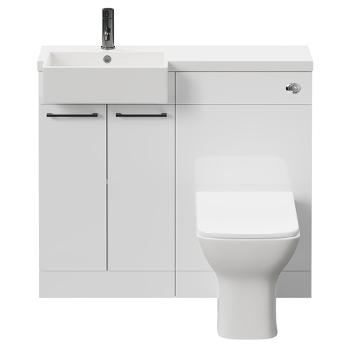 Napoli Combination Gloss White 1000mm Vanity Unit Toilet Suite with Left Hand Square Semi Recessed 1 Tap Hole Basin and 2 Doors with Gunmetal Grey Handles Front View