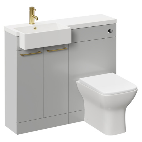 Napoli Combination Gloss Grey Pearl 1000mm Vanity Unit Toilet Suite with Left Hand Square Semi Recessed 1 Tap Hole Basin and 2 Doors with Brushed Brass Handles Left Hand View