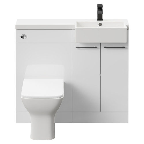 Napoli Combination Gloss White 1000mm Vanity Unit Toilet Suite with Right Hand Square Semi Recessed 1 Tap Hole Basin and 2 Doors with Matt Black Handles Front View