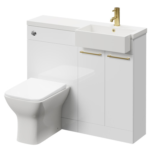 Napoli Combination Gloss White 1000mm Vanity Unit Toilet Suite with Right Hand Square Semi Recessed 1 Tap Hole Basin and 2 Doors with Brushed Brass Handles Right Hand View