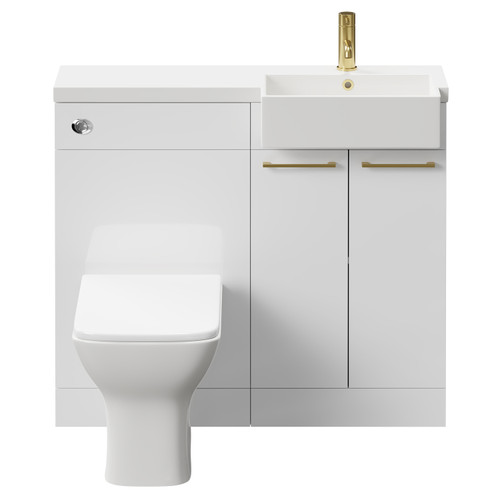 Napoli Combination Gloss White 1000mm Vanity Unit Toilet Suite with Right Hand Square Semi Recessed 1 Tap Hole Basin and 2 Doors with Brushed Brass Handles Front View