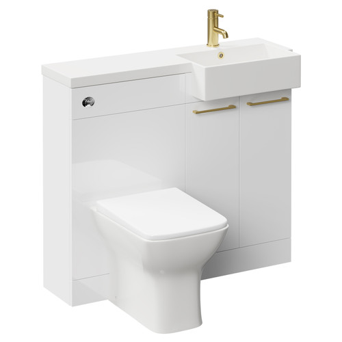 Napoli Combination Gloss White 1000mm Vanity Unit Toilet Suite with Right Hand Square Semi Recessed 1 Tap Hole Basin and 2 Doors with Brushed Brass Handles Left Hand View