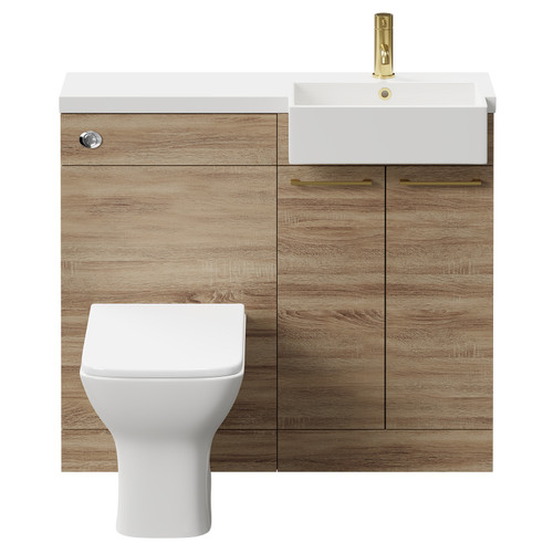 Napoli Combination Bordalino Oak 1000mm Vanity Unit Toilet Suite with Right Hand Square Semi Recessed 1 Tap Hole Basin and 2 Doors with Brushed Brass Handles Front View
