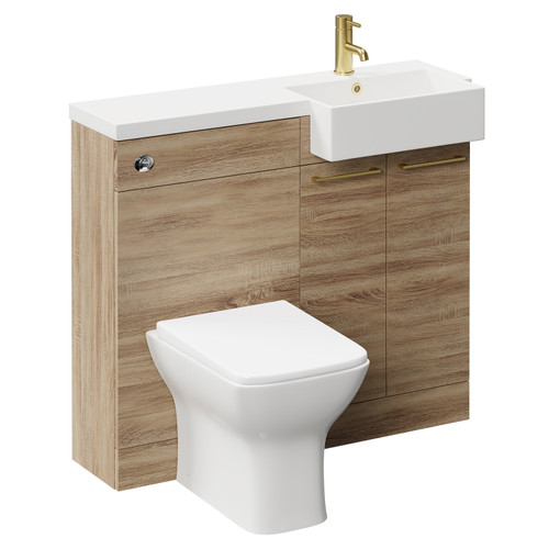 Napoli Combination Bordalino Oak 1000mm Vanity Unit Toilet Suite with Right Hand Square Semi Recessed 1 Tap Hole Basin and 2 Doors with Brushed Brass Handles Left Hand View