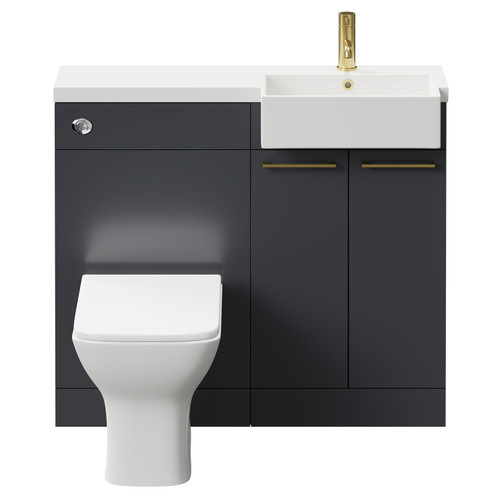 Napoli Combination Gloss Grey 1000mm Vanity Unit Toilet Suite with Right Hand Square Semi Recessed 1 Tap Hole Basin and 2 Doors with Brushed Brass Handles Front View