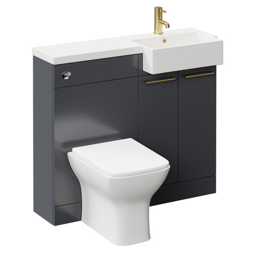 Napoli Combination Gloss Grey 1000mm Vanity Unit Toilet Suite with Right Hand Square Semi Recessed 1 Tap Hole Basin and 2 Doors with Brushed Brass Handles Left Hand View