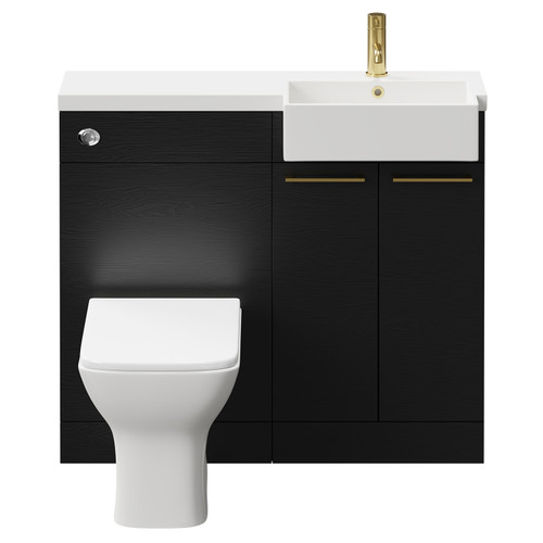 Napoli Combination Nero Oak 1000mm Vanity Unit Toilet Suite with Right Hand Square Semi Recessed 1 Tap Hole Basin and 2 Doors with Brushed Brass Handles Front View