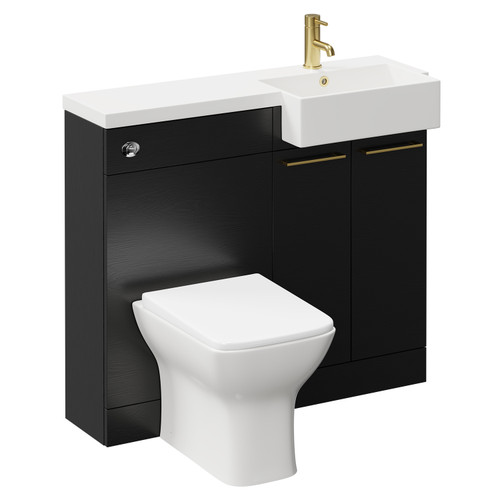 Napoli Combination Nero Oak 1000mm Vanity Unit Toilet Suite with Right Hand Square Semi Recessed 1 Tap Hole Basin and 2 Doors with Brushed Brass Handles Left Hand View