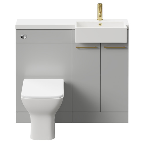 Napoli Combination Gloss Grey Pearl 1000mm Vanity Unit Toilet Suite with Right Hand Square Semi Recessed 1 Tap Hole Basin and 2 Doors with Brushed Brass Handles Front View