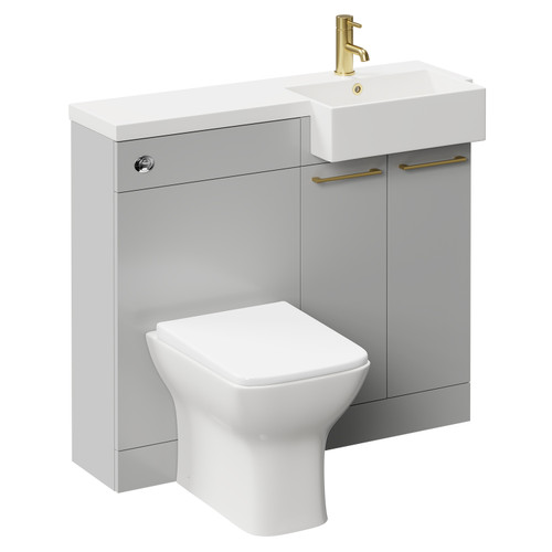 Napoli Combination Gloss Grey Pearl 1000mm Vanity Unit Toilet Suite with Right Hand Square Semi Recessed 1 Tap Hole Basin and 2 Doors with Brushed Brass Handles Left Hand View