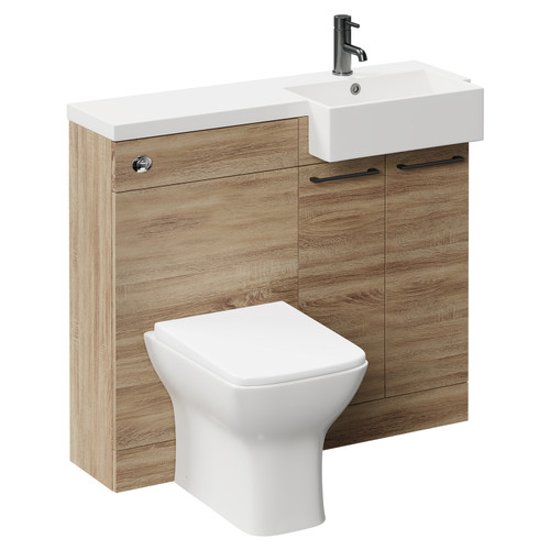 Napoli Combination Bordalino Oak 1000mm Vanity Unit Toilet Suite with Right Hand Square Semi Recessed 1 Tap Hole Basin and 2 Doors with Gunmetal Grey Handles Left Hand View