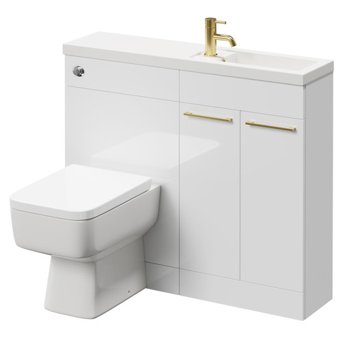 Napoli Combination Gloss White 1000mm Vanity Unit Toilet Suite with Slimline 1 Tap Hole Basin and 2 Doors with Brushed Brass Handles Right Hand Side View