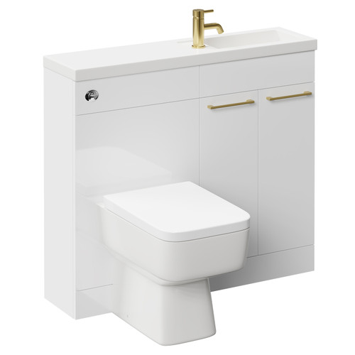 Napoli Combination Gloss White 1000mm Vanity Unit Toilet Suite with Slimline 1 Tap Hole Basin and 2 Doors with Brushed Brass Handles Left Hand Side View