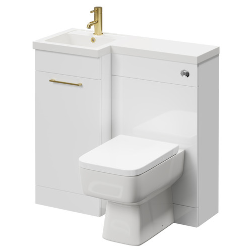 Napoli Combination Gloss White 900mm Vanity Unit Toilet Suite with Left Hand L Shaped 1 Tap Hole Basin and Single Door with Brushed Brass Handle Right Hand Side View