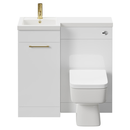 Napoli Combination Gloss White 900mm Vanity Unit Toilet Suite with Left Hand L Shaped 1 Tap Hole Basin and Single Door with Brushed Brass Handle Front View