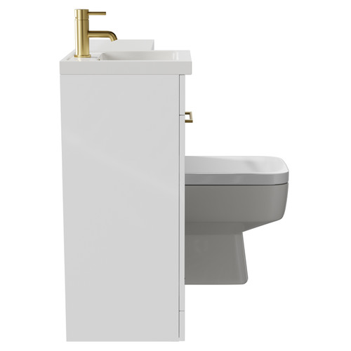 Napoli Combination Gloss White 900mm Vanity Unit Toilet Suite with Left Hand L Shaped 1 Tap Hole Basin and Single Door with Brushed Brass Handle Side on View