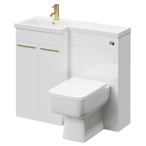 Napoli Combination Gloss White 1000mm Vanity Unit Toilet Suite with Left Hand L Shaped 1 Tap Hole Basin and 2 Doors with Brushed Brass Handles Right Hand Side View