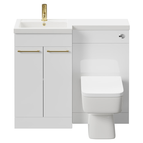 Napoli Combination Gloss White 1000mm Vanity Unit Toilet Suite with Left Hand L Shaped 1 Tap Hole Basin and 2 Doors with Brushed Brass Handles Front View