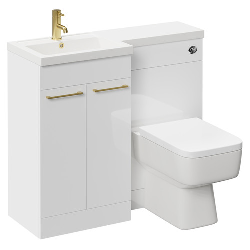 Napoli Combination Gloss White 1000mm Vanity Unit Toilet Suite with Left Hand L Shaped 1 Tap Hole Basin and 2 Doors with Brushed Brass Handles Left Hand Side View