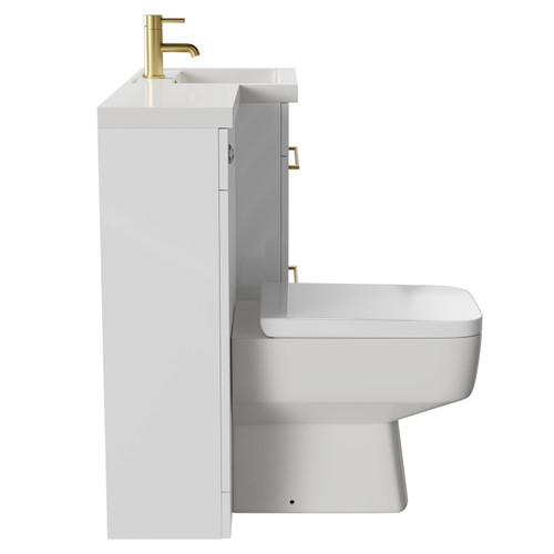 Napoli Combination Gloss White 1000mm Vanity Unit Toilet Suite with Right Hand L Shaped 1 Tap Hole Basin and 2 Drawers with Brushed Brass Handles Side on View