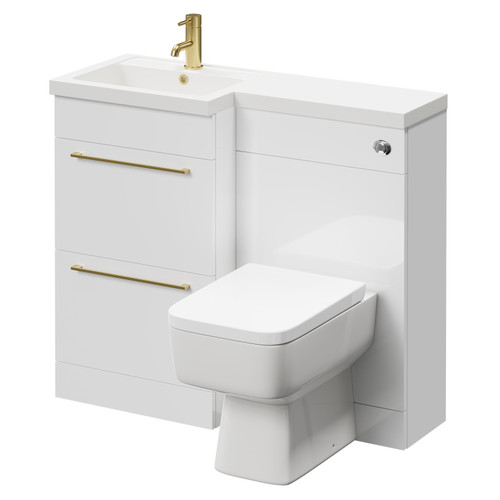 Napoli Combination Gloss White 1000mm Vanity Unit Toilet Suite with Left Hand L Shaped 1 Tap Hole Basin and 2 Drawers with Brushed Brass Handles Right Hand Side View