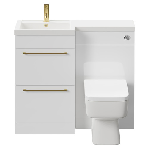 Napoli Combination Gloss White 1000mm Vanity Unit Toilet Suite with Left Hand L Shaped 1 Tap Hole Basin and 2 Drawers with Brushed Brass Handles Front View