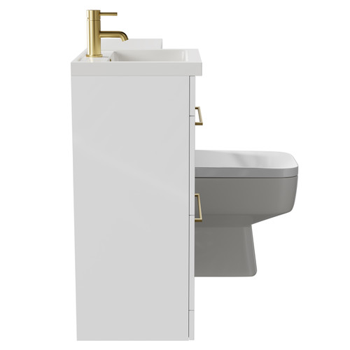 Napoli Combination Gloss White 1000mm Vanity Unit Toilet Suite with Left Hand L Shaped 1 Tap Hole Basin and 2 Drawers with Brushed Brass Handles Side on View