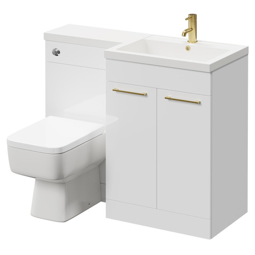 Napoli Combination Gloss White 1100mm Vanity Unit Toilet Suite with Right Hand L Shaped 1 Tap Hole Basin and 2 Doors with Brushed Brass Handles Right Hand Side View