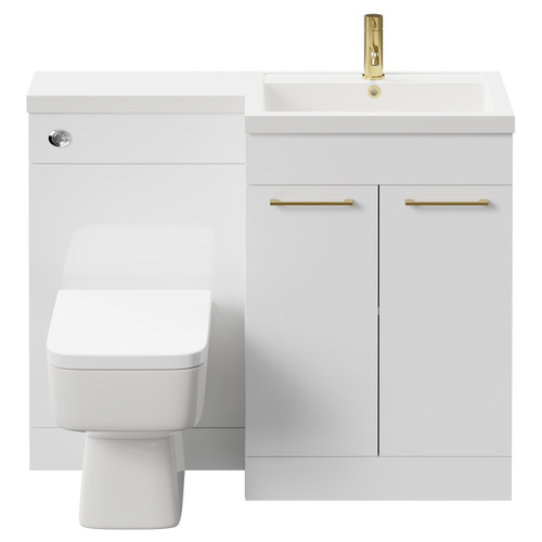Napoli Combination Gloss White 1100mm Vanity Unit Toilet Suite with Right Hand L Shaped 1 Tap Hole Basin and 2 Doors with Brushed Brass Handles Front View