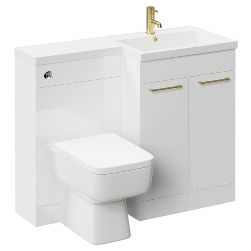 Napoli Combination Gloss White 1100mm Vanity Unit Toilet Suite with Right Hand L Shaped 1 Tap Hole Basin and 2 Doors with Brushed Brass Handles Left Hand Side View