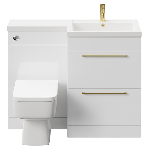 Napoli Combination Gloss White 1100mm Vanity Unit Toilet Suite with Right Hand L Shaped 1 Tap Hole Basin and 2 Drawers with Brushed Brass Handles Front View