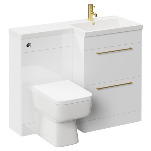 Napoli Combination Gloss White 1100mm Vanity Unit Toilet Suite with Right Hand L Shaped 1 Tap Hole Basin and 2 Drawers with Brushed Brass Handles Left Hand Side View