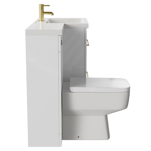 Napoli Combination Gloss White 1100mm Vanity Unit Toilet Suite with Right Hand L Shaped 1 Tap Hole Basin and 2 Drawers with Brushed Brass Handles Side on View