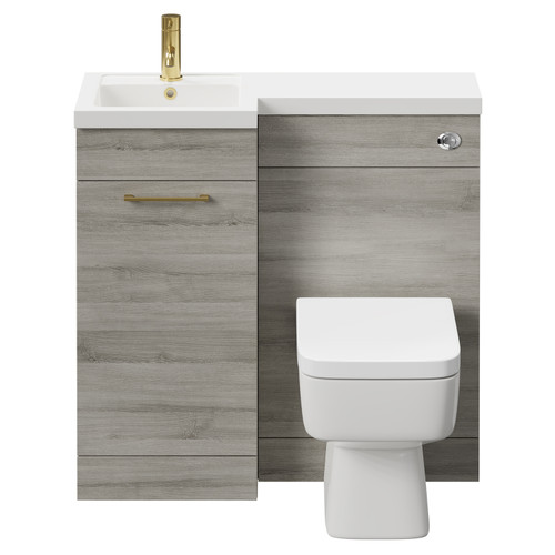 Napoli Combination Molina Ash 900mm Vanity Unit Toilet Suite with Left Hand L Shaped 1 Tap Hole Basin and Single Door with Brushed Brass Handle Front View