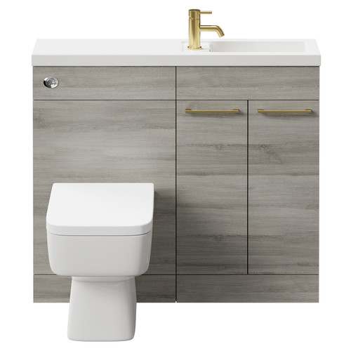 Napoli Combination Molina Ash 1000mm Vanity Unit Toilet Suite with Slimline 1 Tap Hole Basin and 2 Doors with Brushed Brass Handles Front View