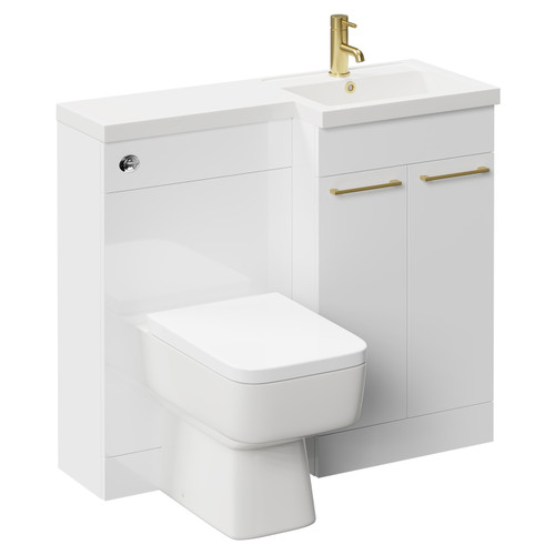 Napoli Combination Gloss White 1000mm Vanity Unit Toilet Suite with Right Hand L Shaped 1 Tap Hole Basin and 2 Doors with Brushed Brass Handles Left Hand Side View