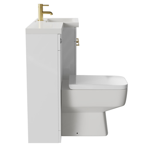Napoli Combination Gloss White 1000mm Vanity Unit Toilet Suite with Right Hand L Shaped 1 Tap Hole Basin and 2 Doors with Brushed Brass Handles Side on View