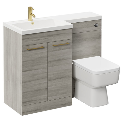 Napoli Combination Molina Ash 1100mm Vanity Unit Toilet Suite with Left Hand L Shaped 1 Tap Hole Basin and 2 Doors with Brushed Brass Handles Left Hand Side View